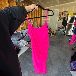 Good American Hot Pink Ruched Midi Slip Dress